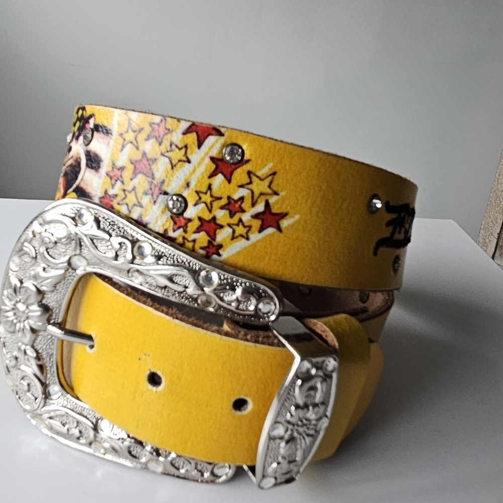 Ed Hardy Vintage Tattoo Mustard Yellow Death Or Glory Rinestone Leather Belt View 3